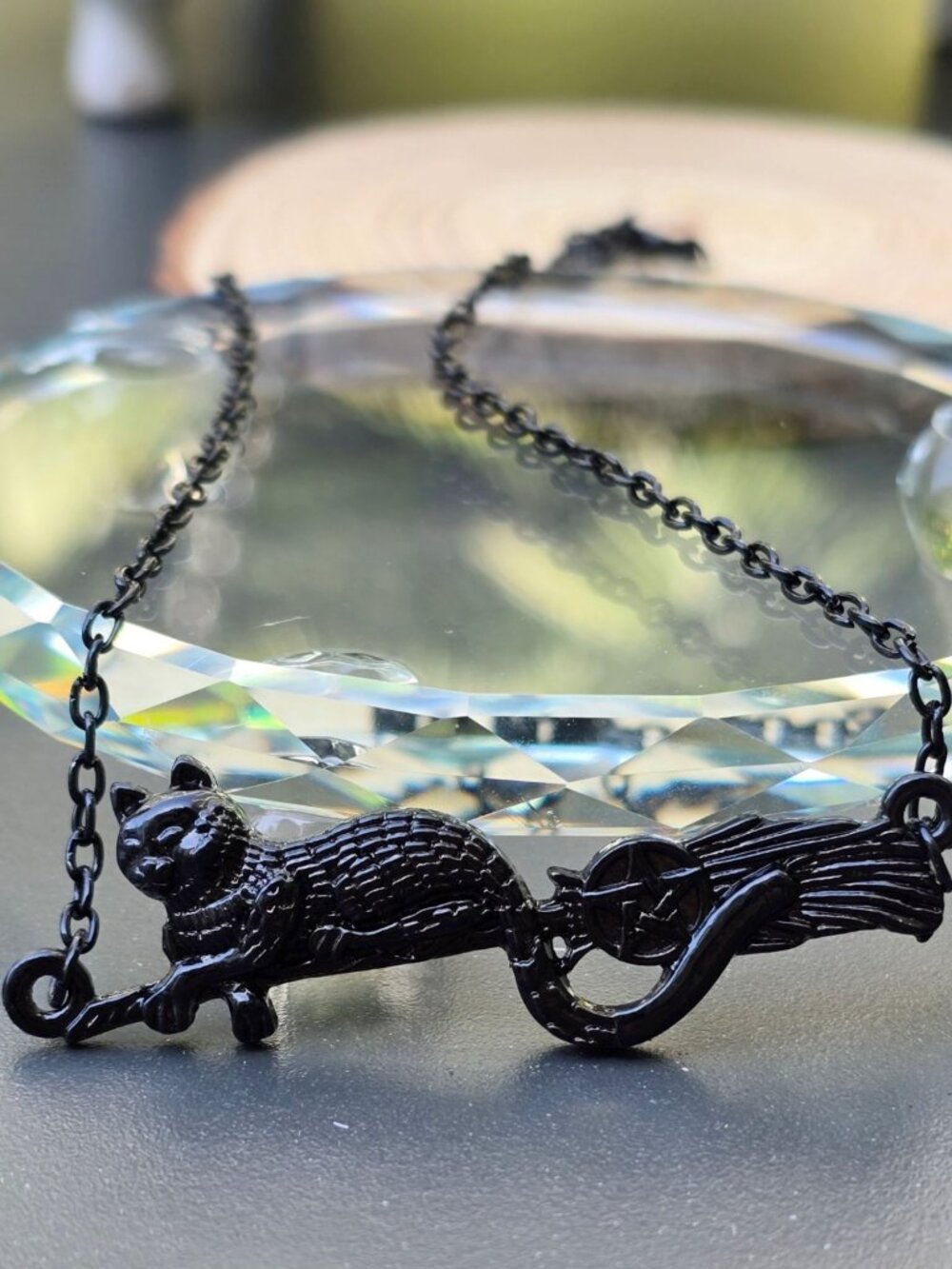 Cat on Broom ✦ Witch Familiar Pendant ✦ Gothic Alt Celestial Necklace NWT - Picture 7 of 8